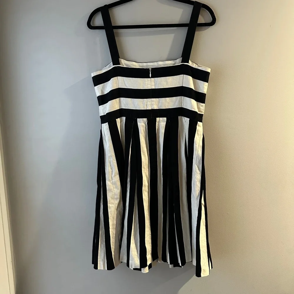 Ann Taylor Loft Black White Striped Cotton Linen Pleated Fit Flare Dress Sz 8 - Picture 6 of 7